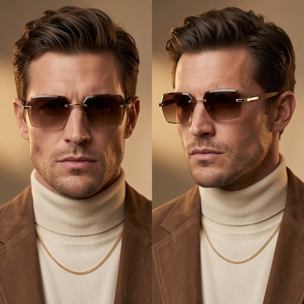 Square Men Sunglasses Rimless Brown Lens Wood Grain Legs Fashion Hip Hop Retro‎